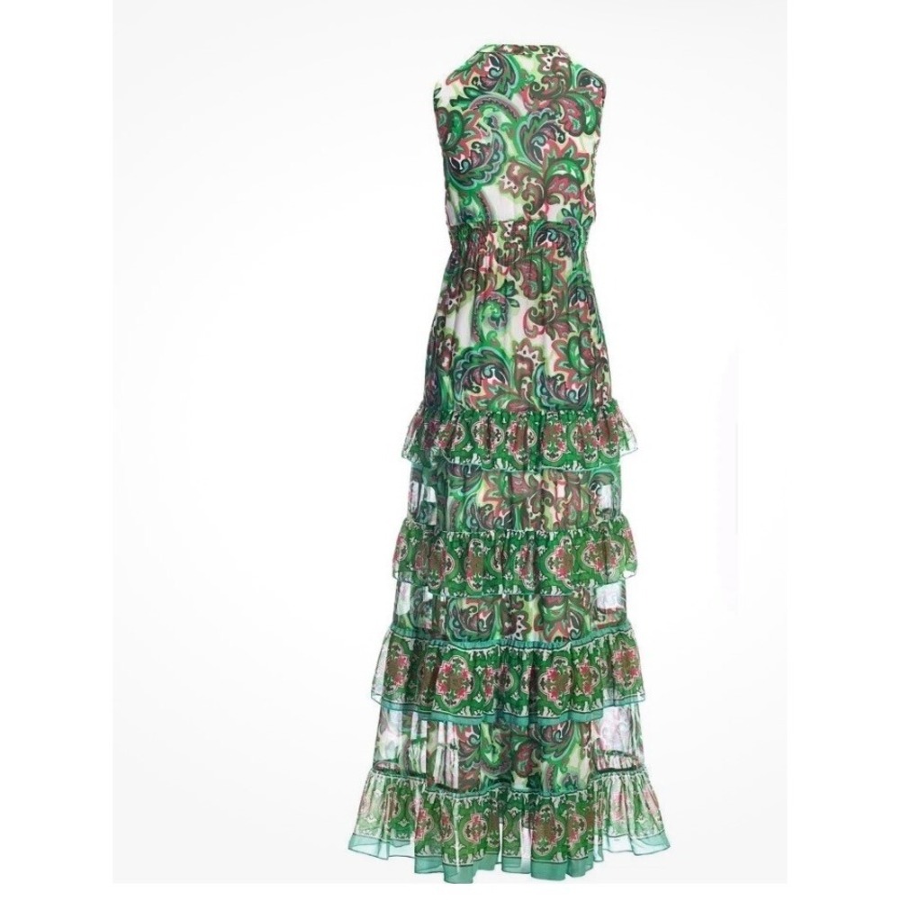 Boston Proper Palma de Scrolls Print Ruffle Maxi Dress Green Pink Sequin Size M - Picture 3 of 13